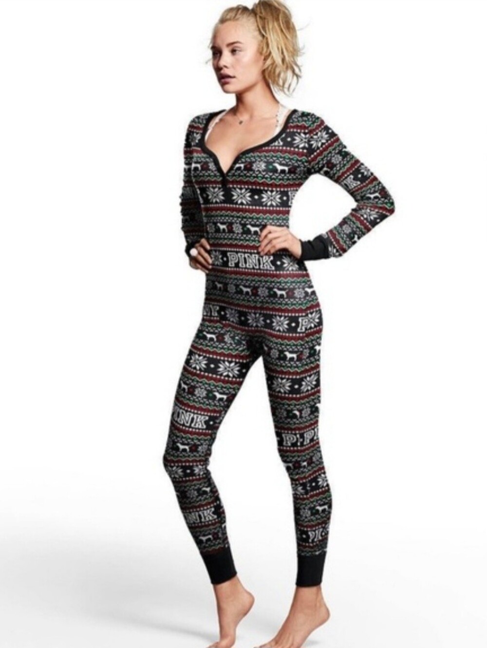 Women's Victorias Secret Pink Thermal Pajama's Size S Small Onsie